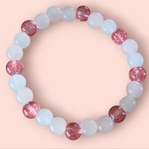 Strawberry Quartz, Rose Quartz, Clear Quartz Gemstone Bracelet Pink/White